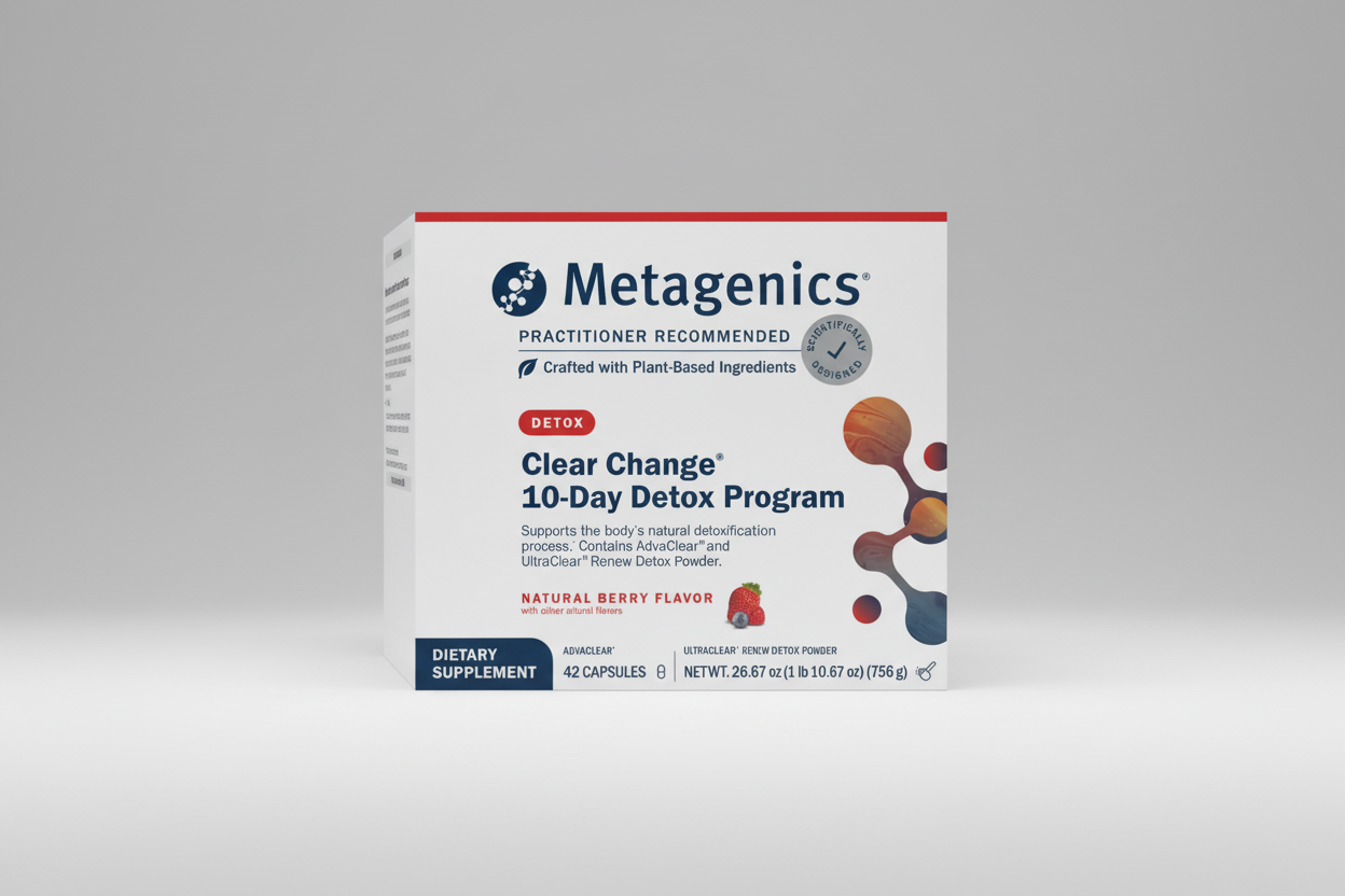 Metagenics Clear Change 10-Day Detox Program packaging on a gray background