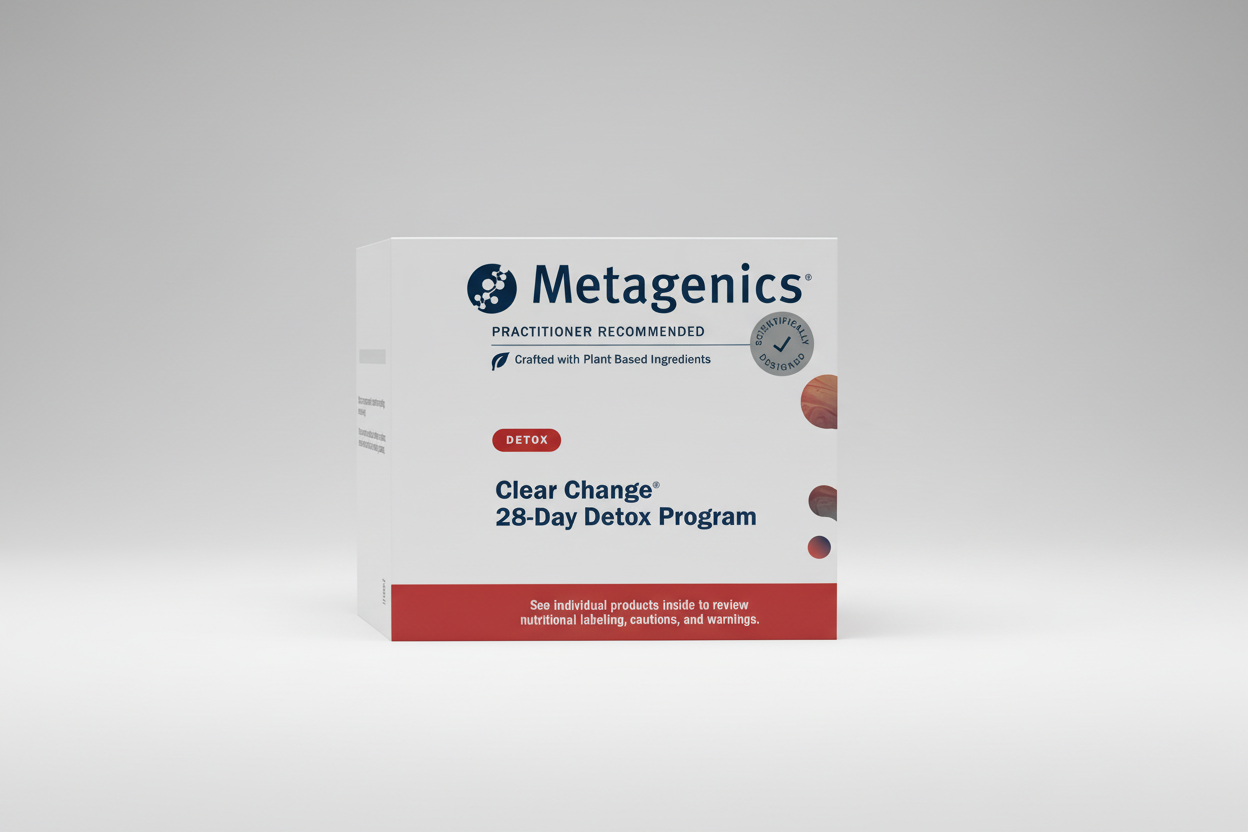 Metagenics Clear Change 28-Day Detox Program packaging on a gray background