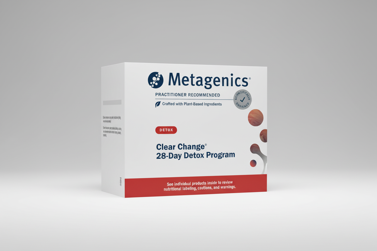 Metagenics Clear Change 28-Day Detox Program packaging on a gray background