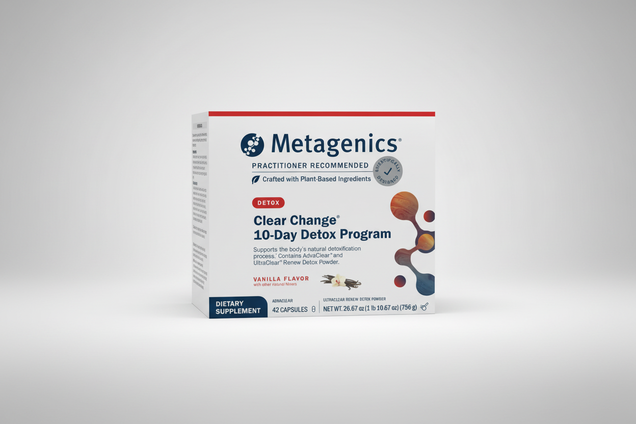 Metagenics Clear Change 10-Day Detox Program packaging on a light gray background