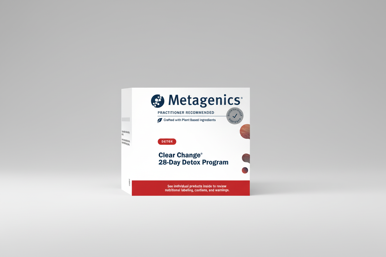 Metagenics Clear Change 28-Day Detox Program packaging on a gray background