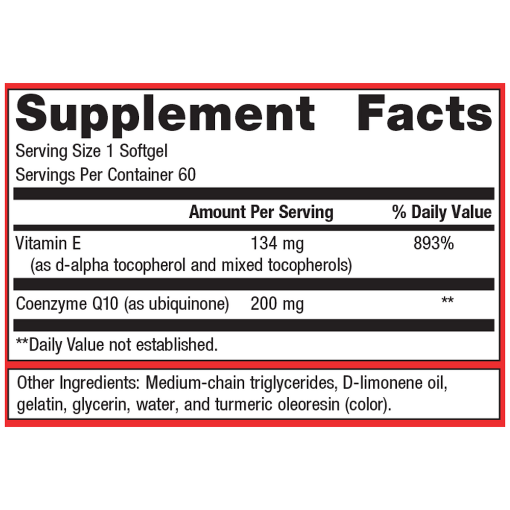 Supplement facts label with Vitamin E and Coenzyme Q10 on a white background