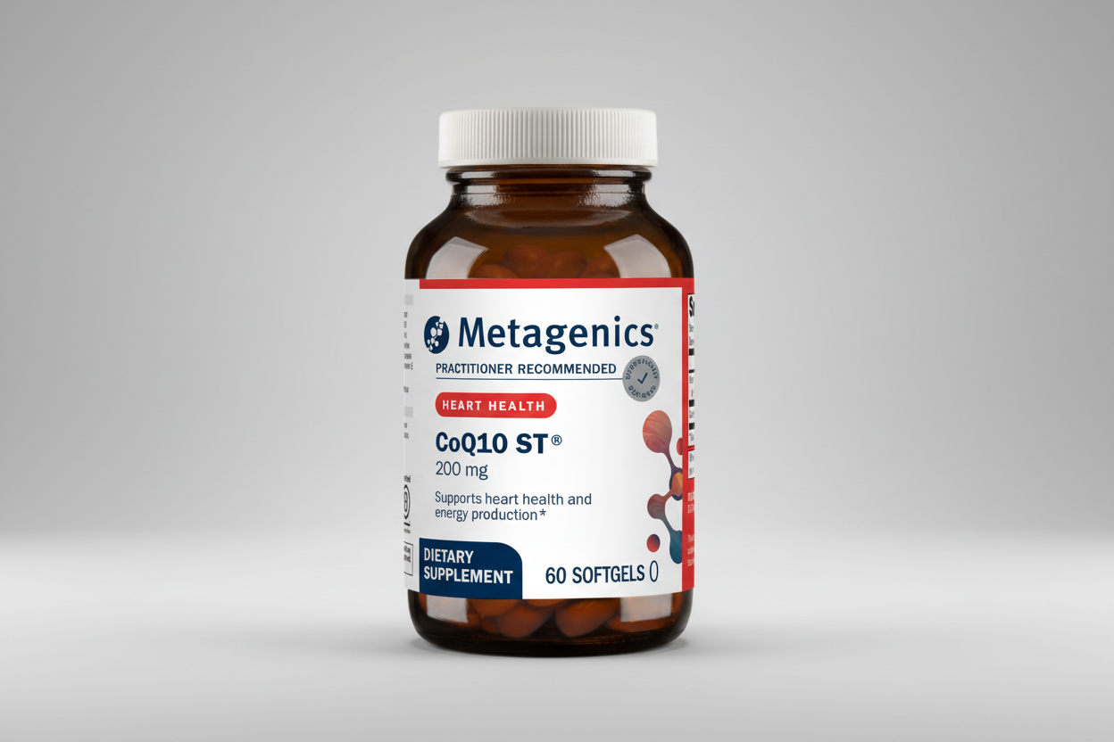 Metagenics CoQ10 ST dietary supplement bottle on a gray background
