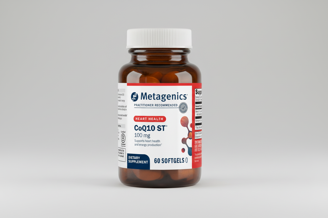 Metagenics CoQ10 ST supplement bottle on a gray background