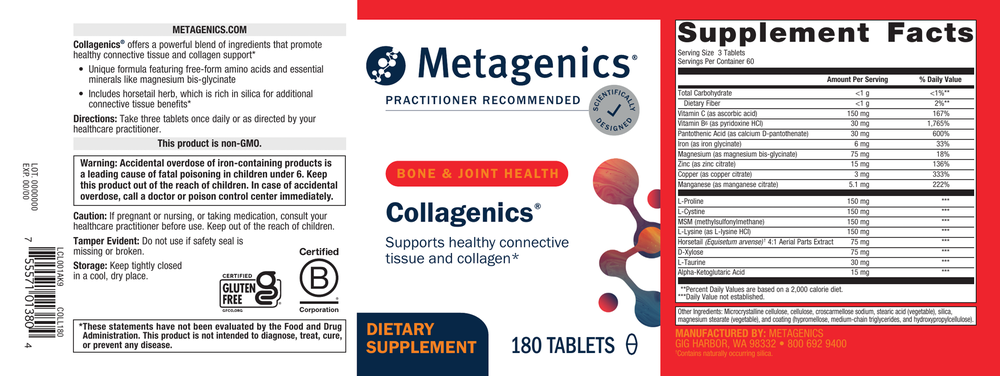 Metagenics Collagenics supplement label with product details and branding.