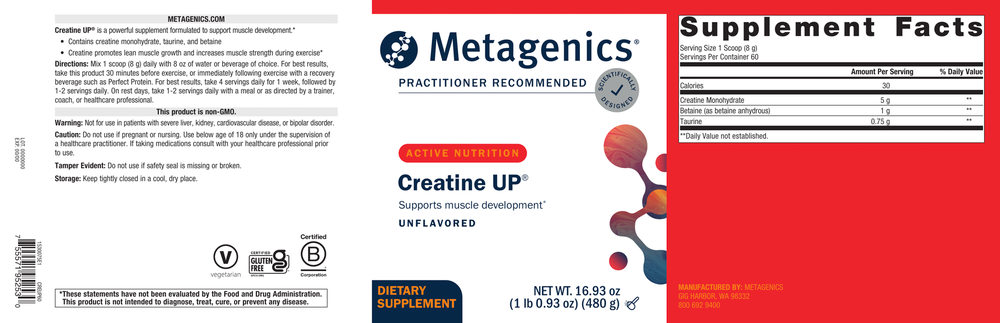 Metagenics Creatine UP supplement label with supplement facts and product details.