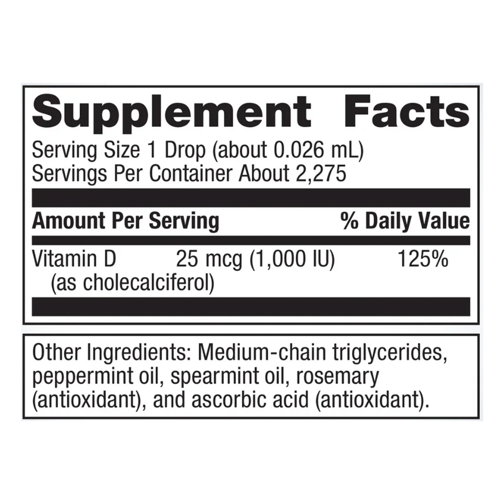 Supplement facts label with vitamin D content and other ingredients on a white background