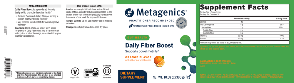 Metagenics Daily Fiber Boost supplement label with green and white design.