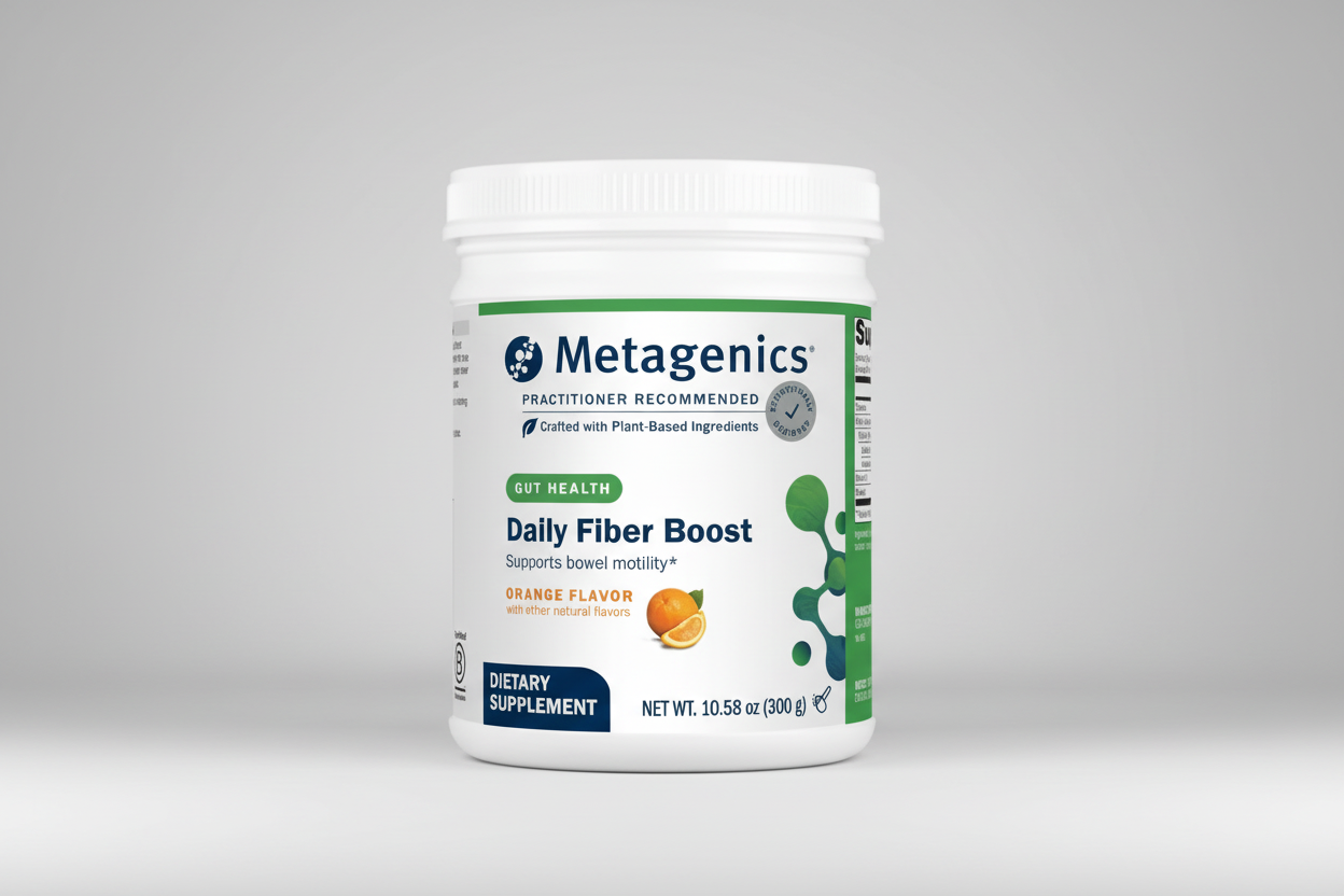 Metagenics Daily Fiber Boost supplement container on a gray background