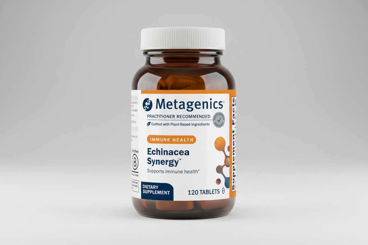 Metagenics Echinacea Synergy supplement bottle on a gray background