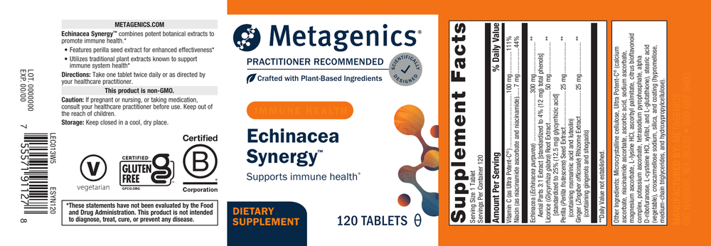 Metagenics Echinacea Synergy supplement label with orange background