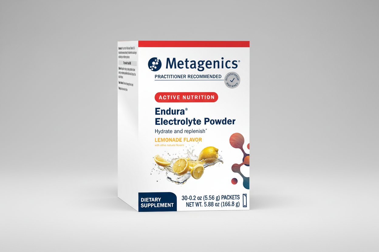 Metagenics Endura Electrolyte Powder packaging on a gray background