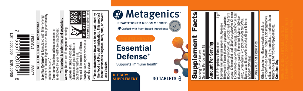 Metagenics Essential Defense supplement label with text and branding.