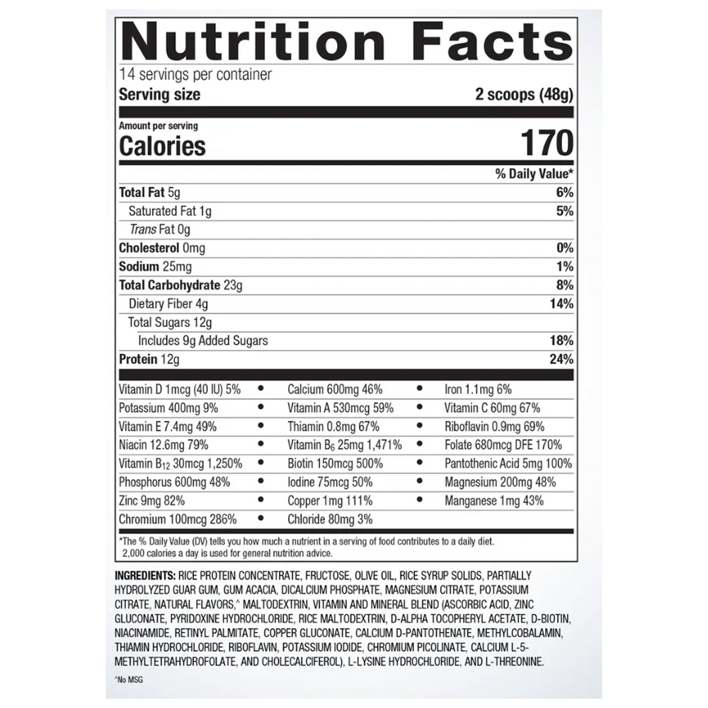 Nutrition facts label for a product with detailed calorie count and ingredient list.