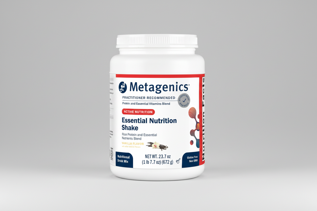 Metagenics Essential Nutrition Shake container on a gray background