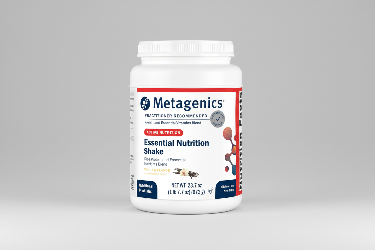 Metagenics Essential Nutrition Shake container on a gray background