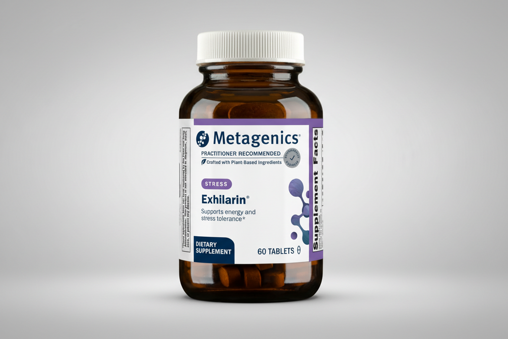 Metagenics Exhilarin supplement bottle on a gray background
