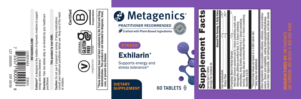 Metagenics Exhilarin dietary supplement label with purple background