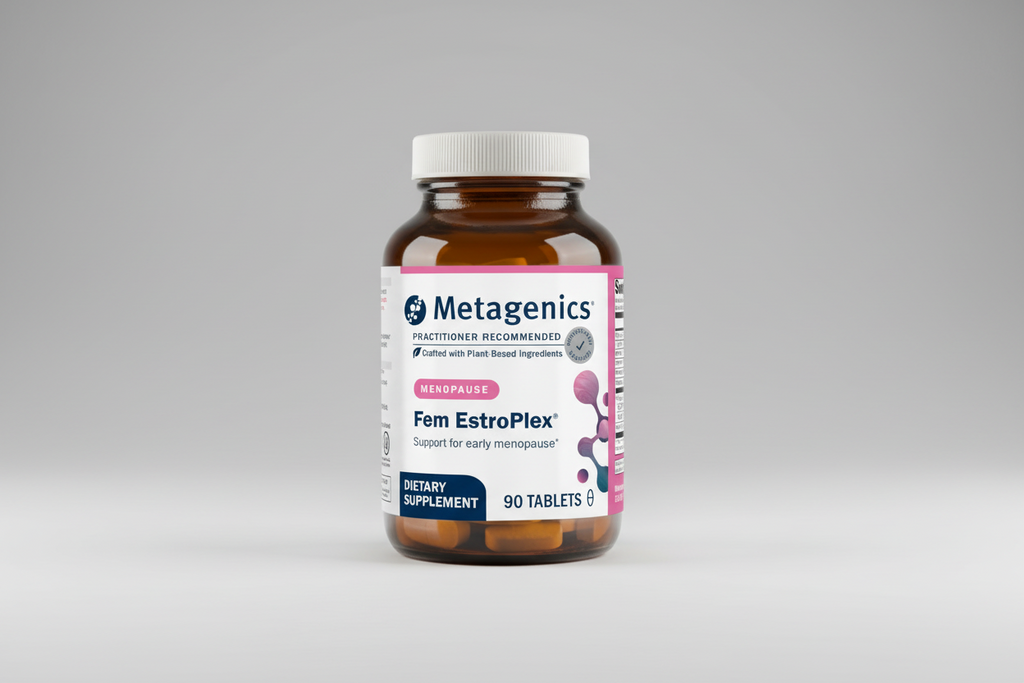 Metagenics Fem EstroPlex supplement bottle on a gray background
