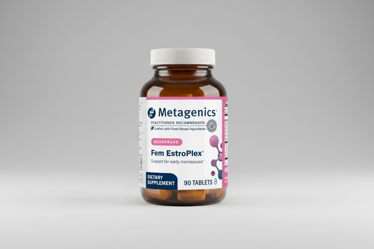 Metagenics Fem EstroPlex supplement bottle on a gray background