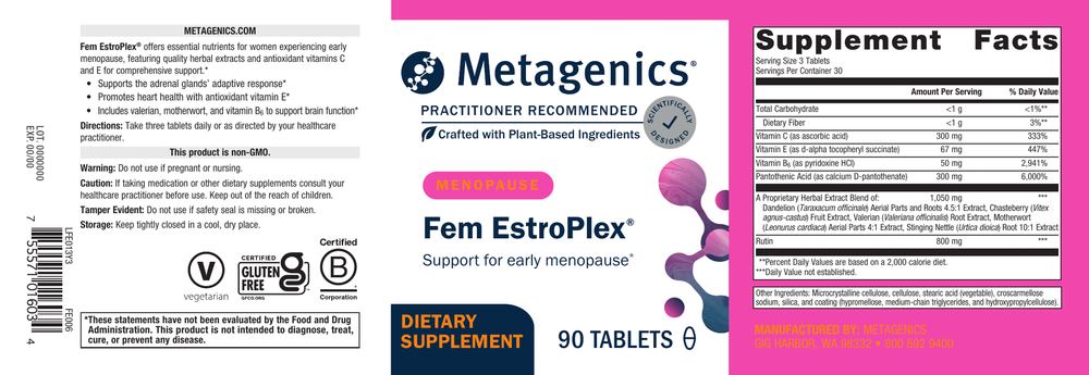 Metagenics Fem EstroPlex supplement label with text and branding.