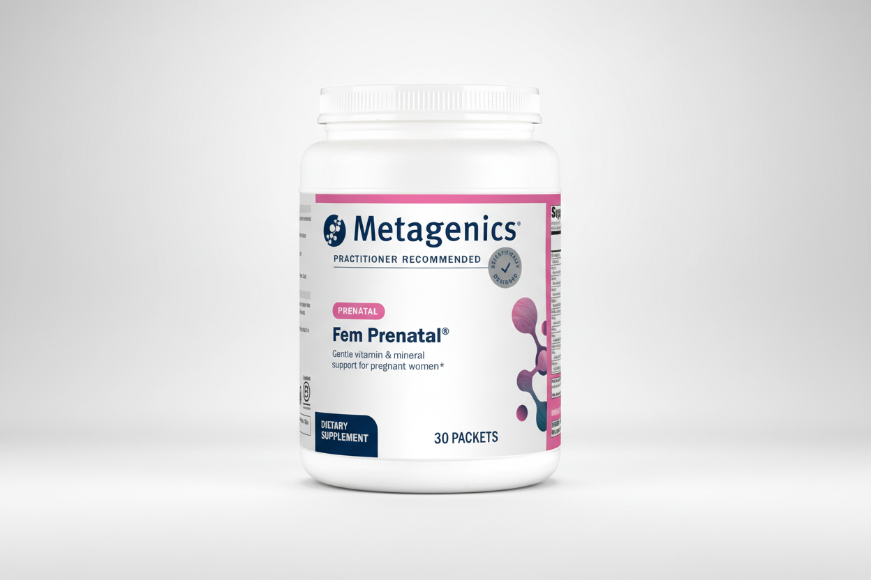 Metagenics Fem Prenatal supplement container on a white background