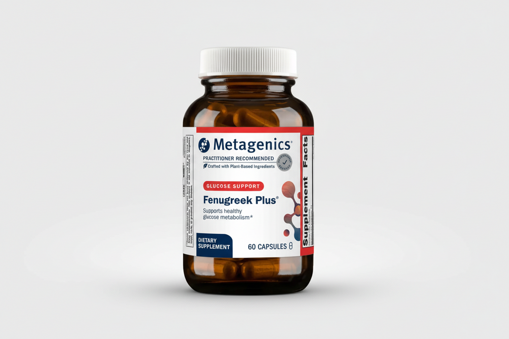 Metagenics Fenugreek Plus supplement bottle on a white background