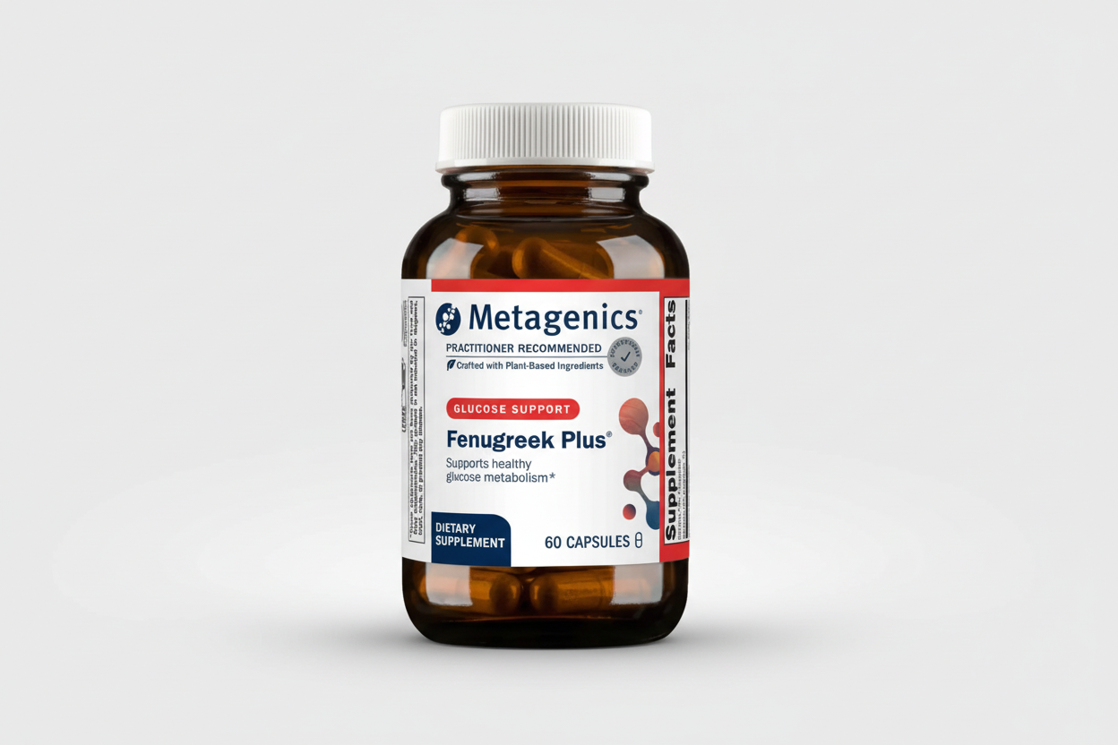 Metagenics Fenugreek Plus supplement bottle on a white background