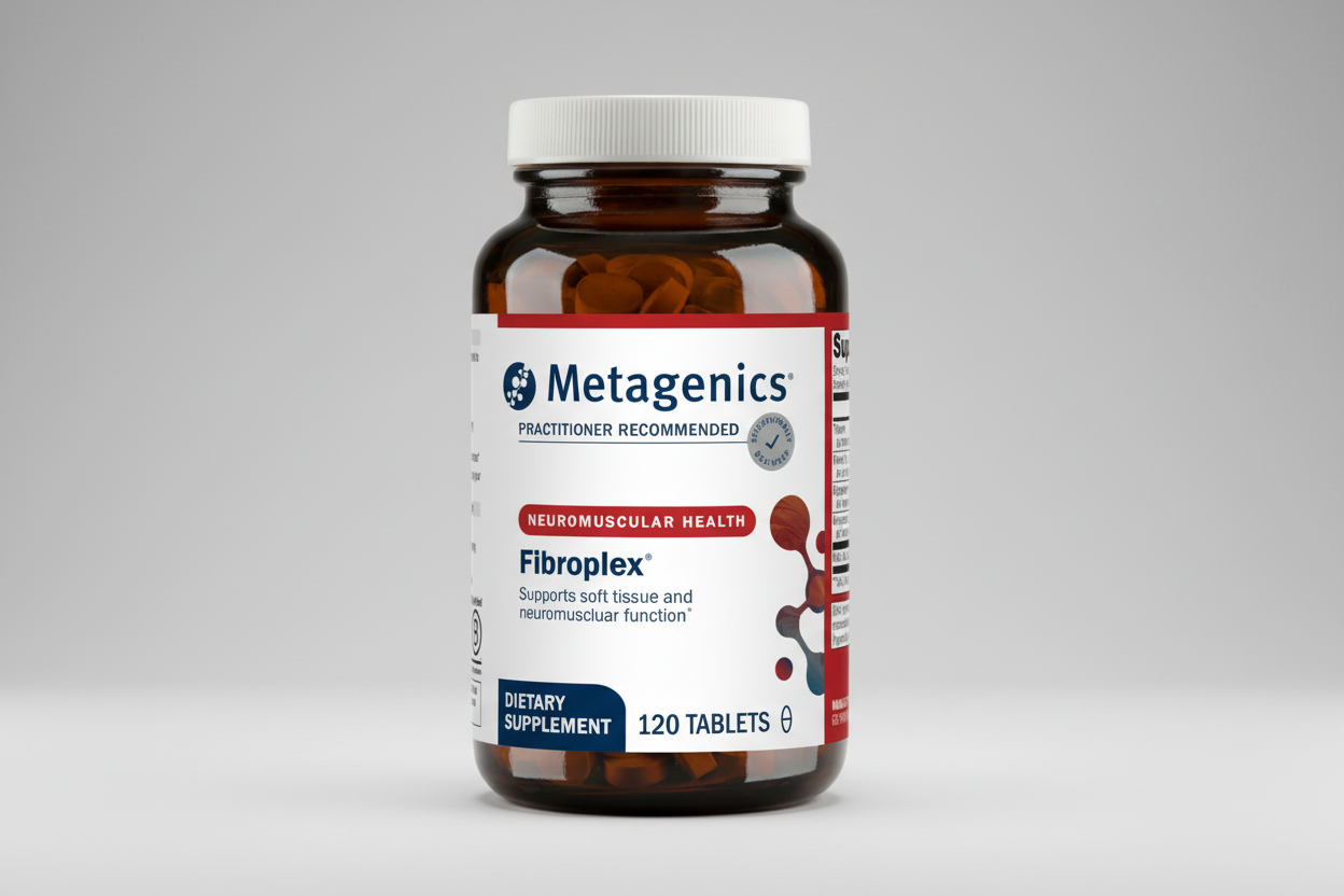 Metagenics Fibroplex dietary supplement bottle on a gray background