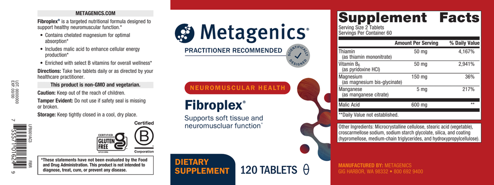 Metagenics NeuroMuscular Health Fibroplex supplement label with supplement facts and dietary information.