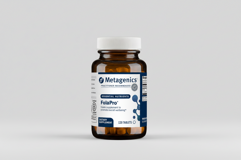 Metagenics FolaPro supplement bottle on a gray background