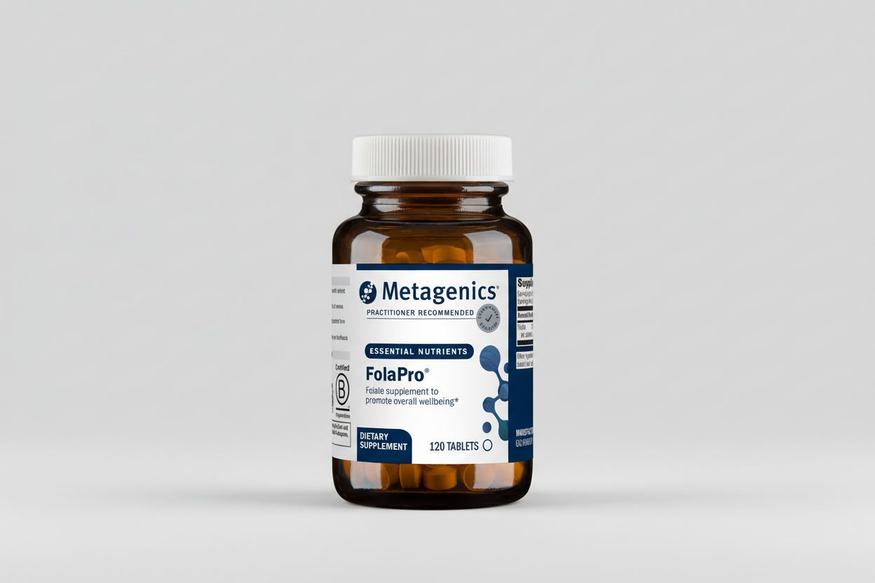Metagenics FolaPro supplement bottle on a gray background