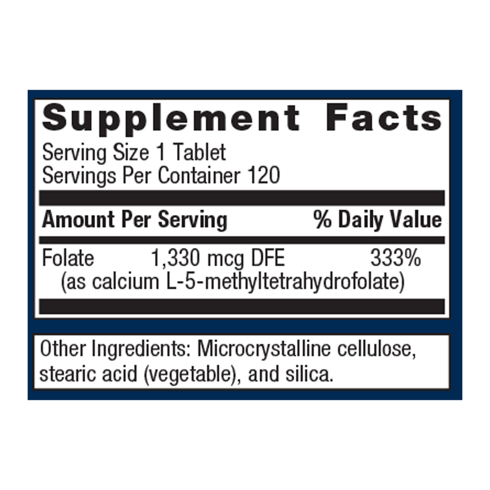 Supplement facts label for a tablet with folate content on a white background