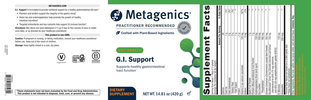Metagenics G.I. Support supplement label with branding and product details.