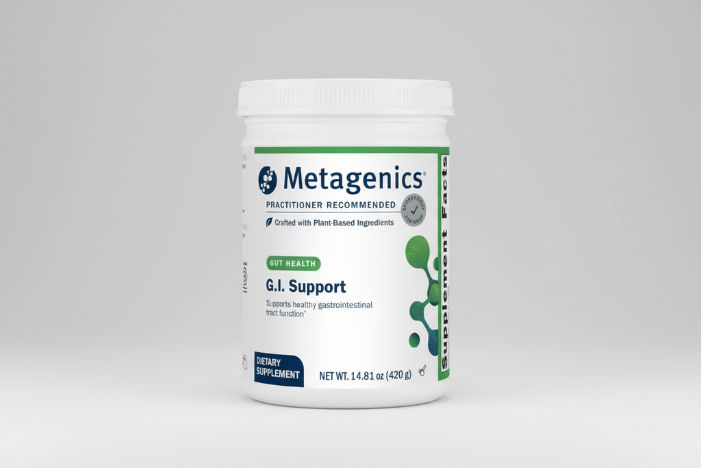 Metagenics G.I. Support supplement container on a gray background