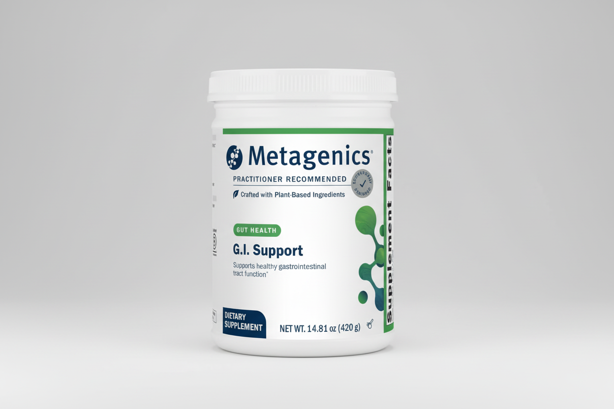 Metagenics G.I. Support supplement container on a gray background