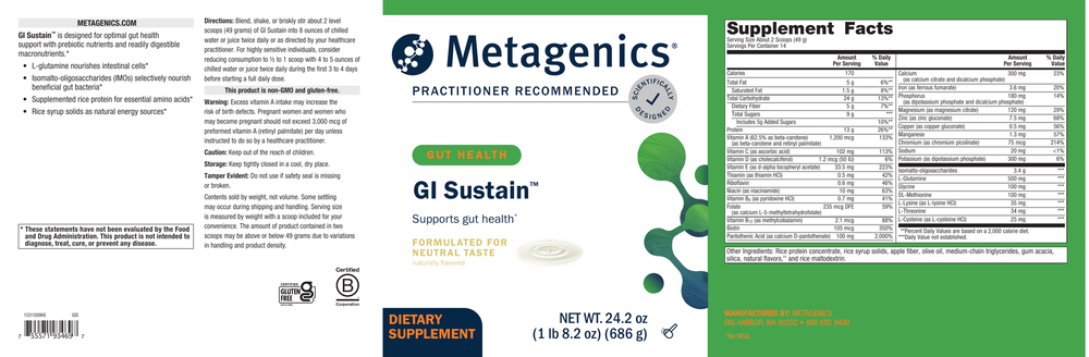 Metagenics GI Sustain supplement label with green and white design