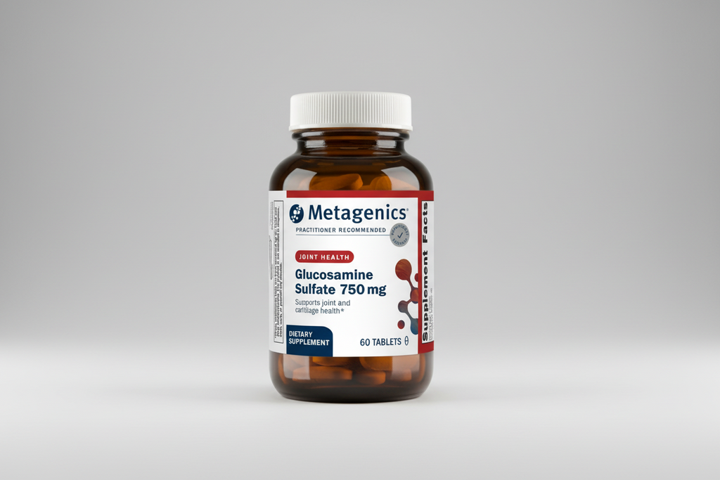 Metagenics Glucosamine Sulfate 750 mg supplement bottle on a gray background