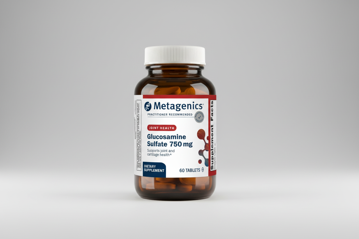 Metagenics Glucosamine Sulfate 750 mg supplement bottle on a gray background