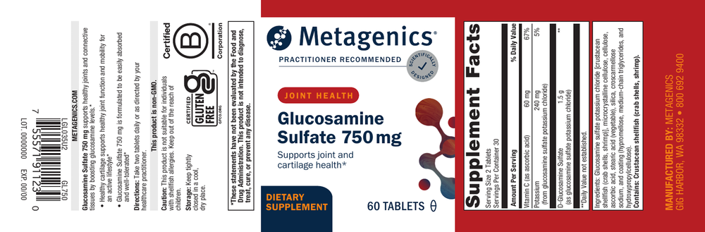 Metagenics Glucosamine Sulfate 750 mg supplement label