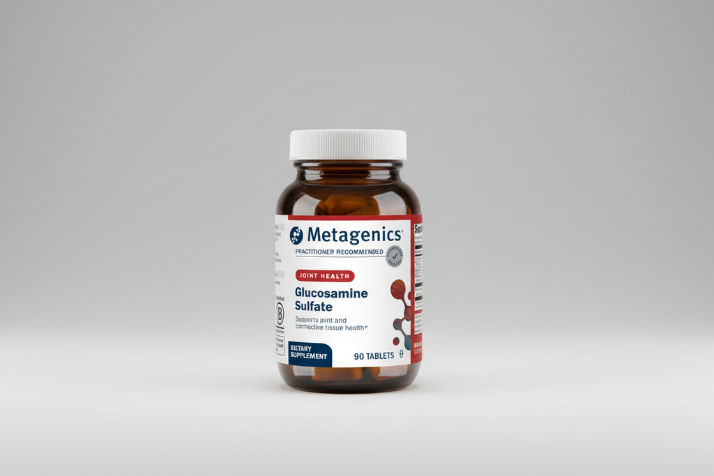 Metagenics Glucosamine Sulfate supplement bottle on a gray background