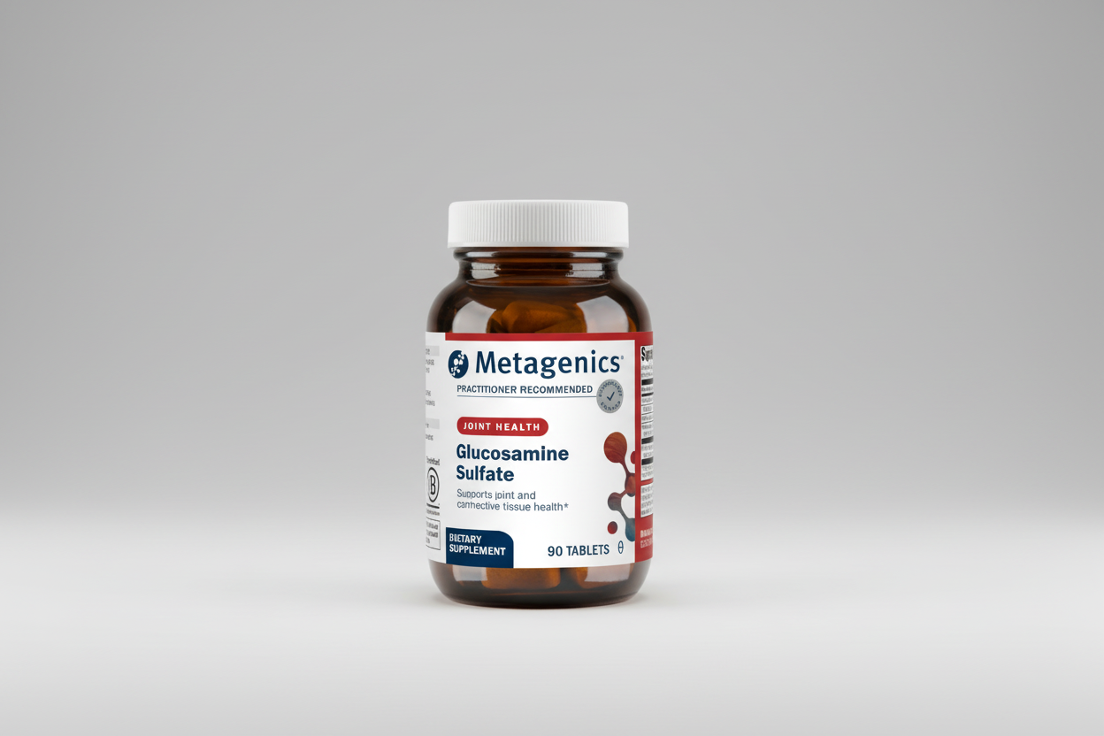 Metagenics Glucosamine Sulfate supplement bottle on a gray background