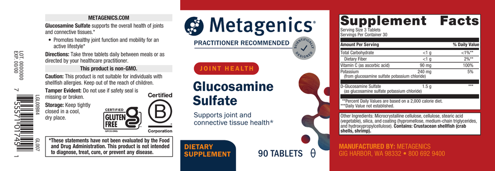 Metagenics Glucosamine Sulfate supplement label with branding and product details.