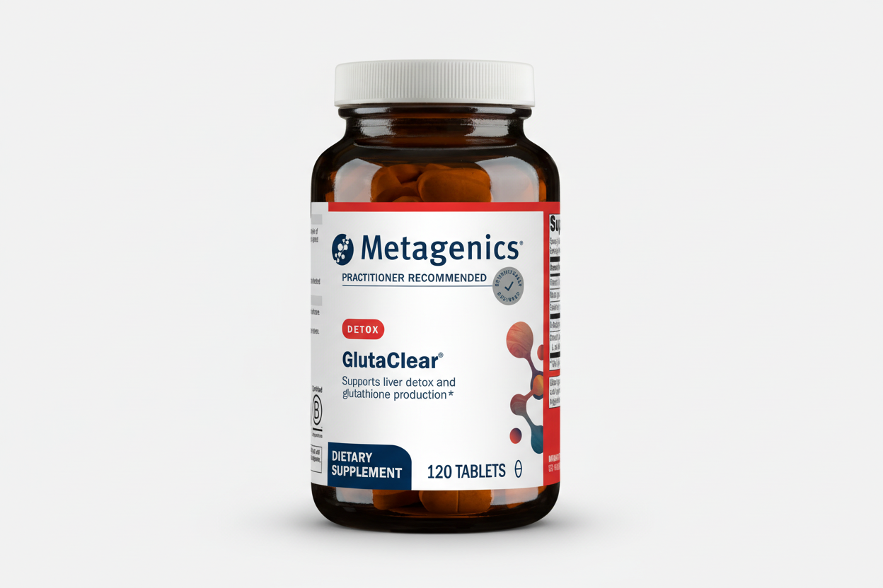 Metagenics GlutaClear dietary supplement bottle on a white background