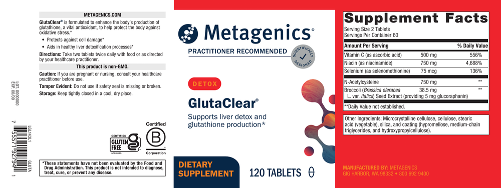 Metagenics GlutaClear supplement label with text and graphics on a red background