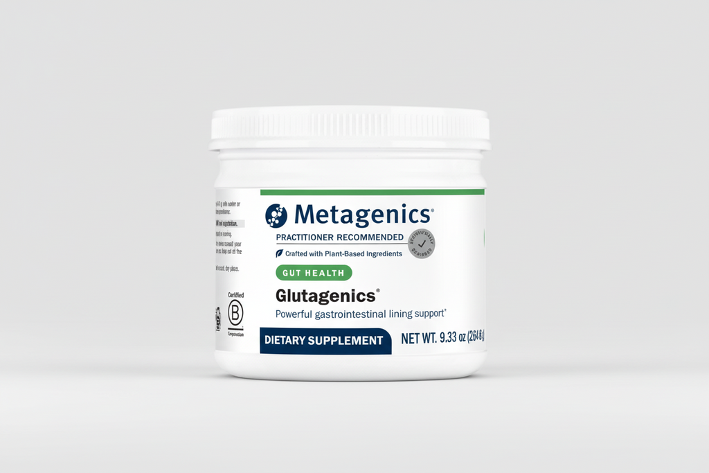 Metagenics Glutagenics dietary supplement container on a light gray background