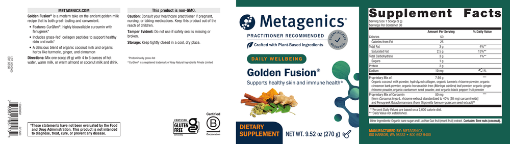 Metagenics Golden Fusion supplement label with product details and ingredients.