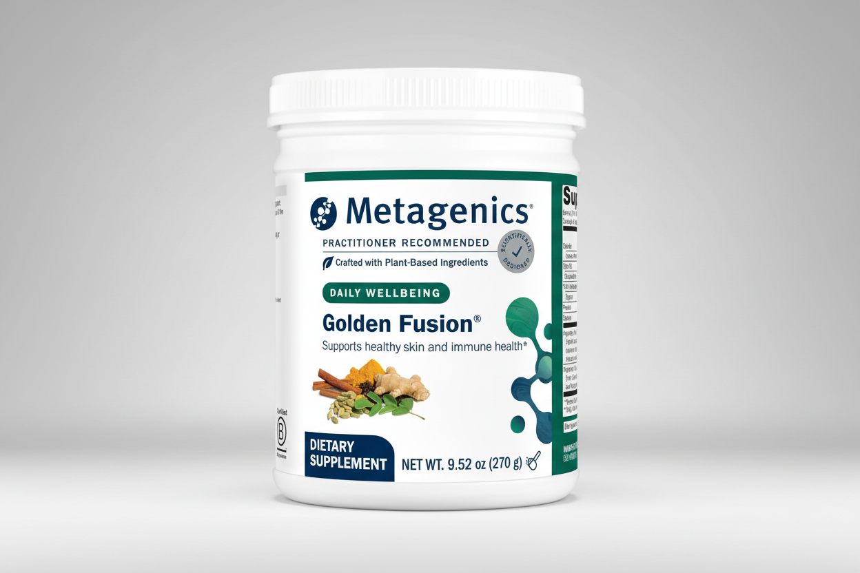 Metagenics Golden Fusion dietary supplement container on a gray background