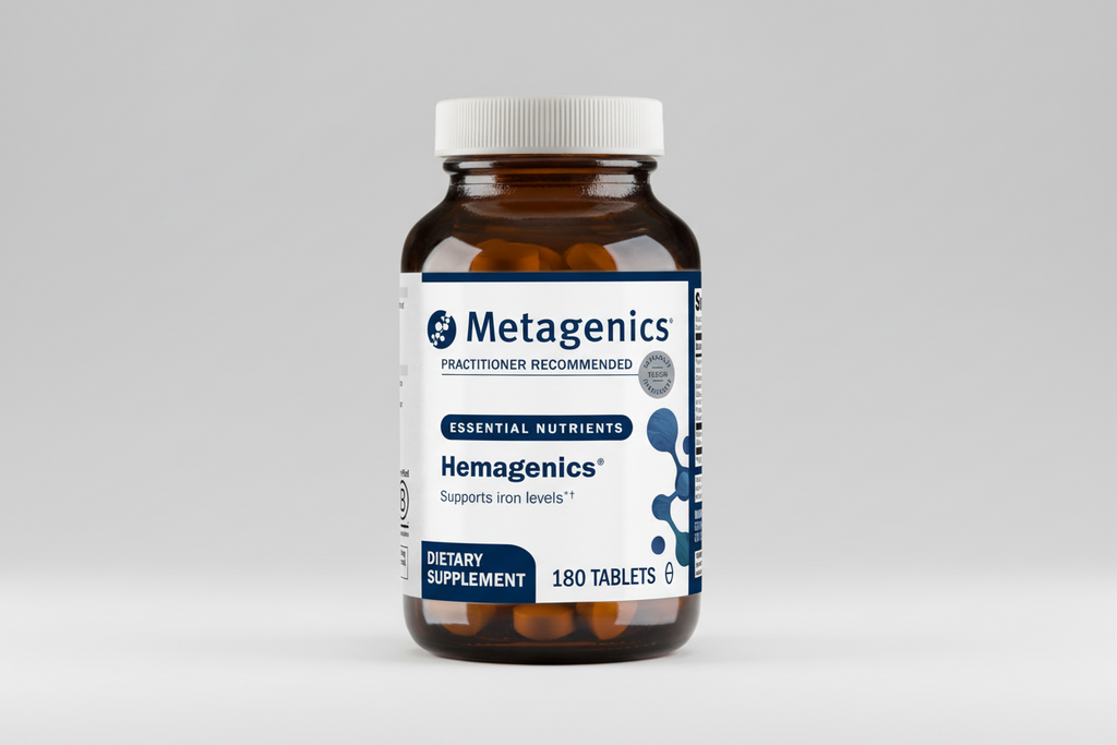 Metagenics Hemagenics dietary supplement bottle on a gray background