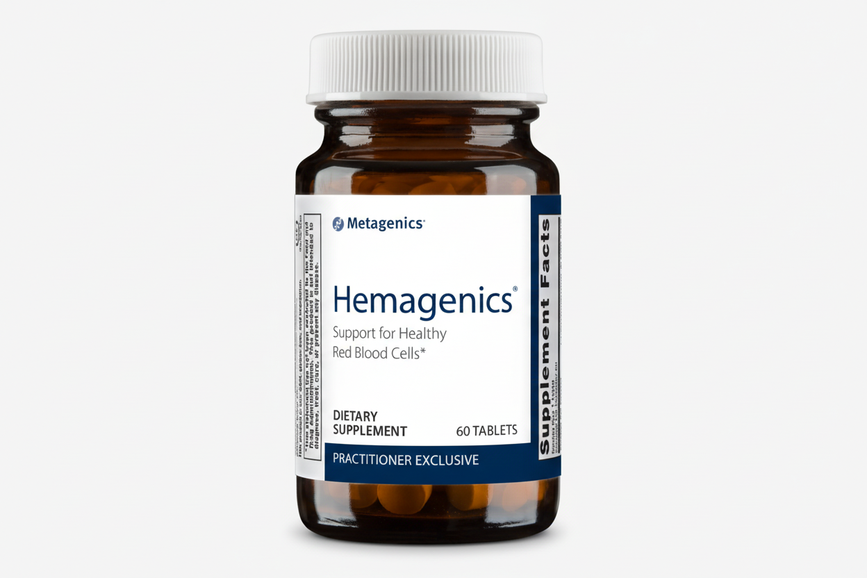 Bottle of Metagenics Hemagenics dietary supplement on a white background